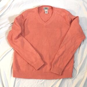 LL Bean Orange V Neck Cotton Sweater Size Small
